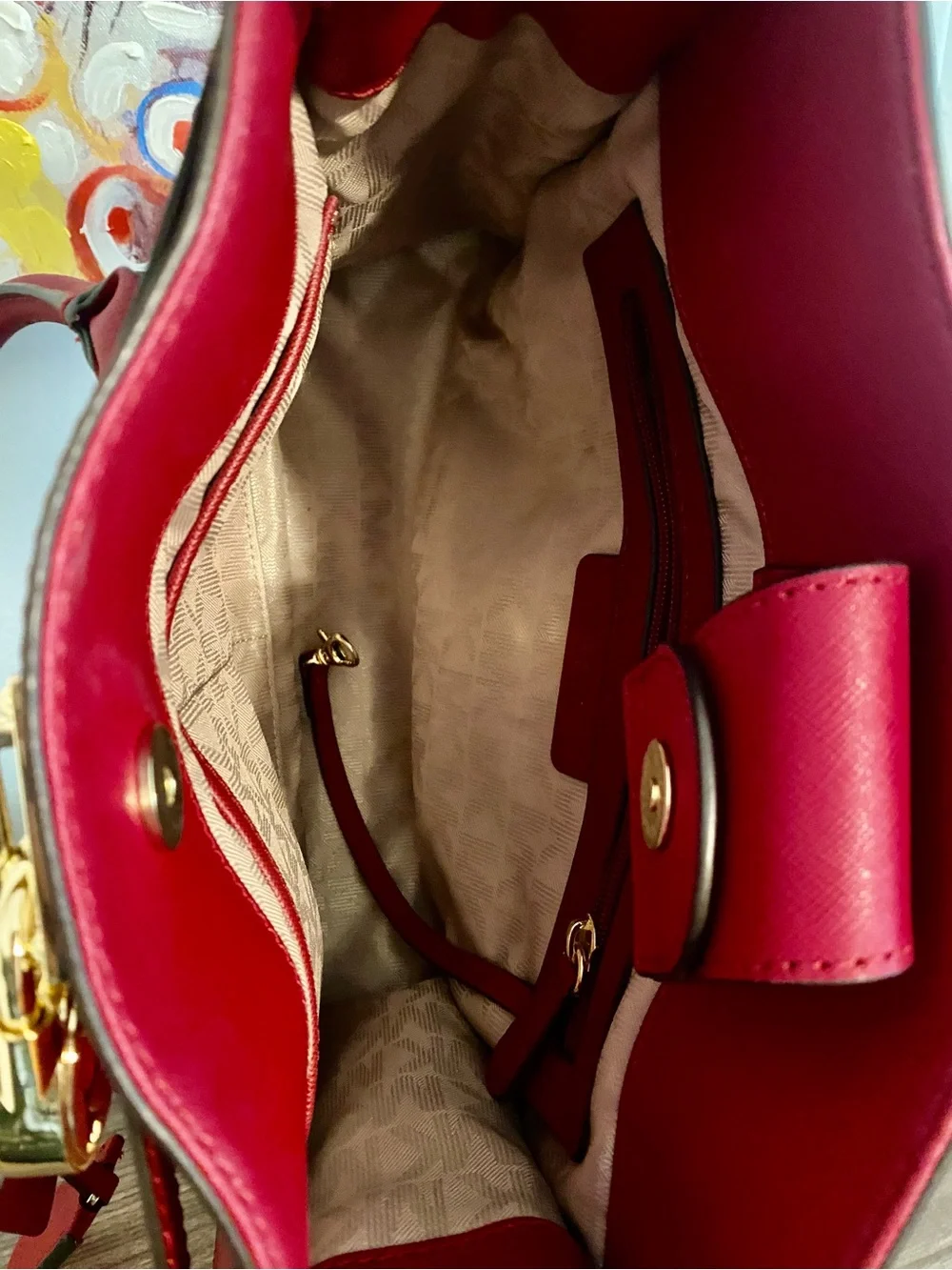 Michael Kors Red Saffiano Satchel with Gold Hardware